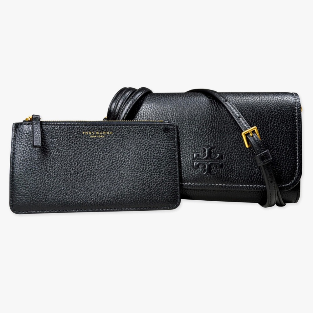 Tory Burch Thea Small Pebble Leather Flat Wallet Crossbody in Black